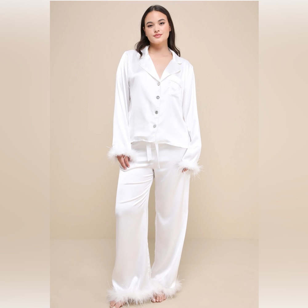 Lulu's White Satin Feather-Trim Pajama Set